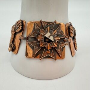 Vintage Copper Panel Link‎ Bracelet Art Deco Revival Star Medallion 7 Inch